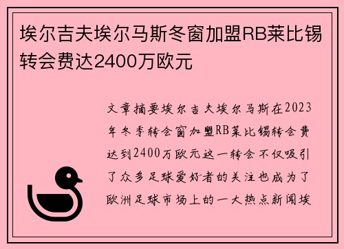 埃尔吉夫埃尔马斯冬窗加盟RB莱比锡转会费达2400万欧元