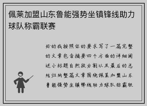 佩莱加盟山东鲁能强势坐镇锋线助力球队称霸联赛 佩莱加盟山东鲁能强势坐镇锋线助力球队称霸联赛