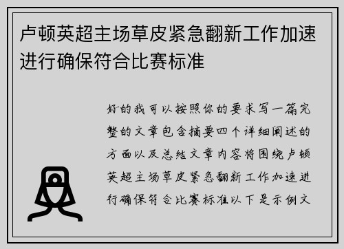 卢顿英超主场草皮紧急翻新工作加速进行确保符合比赛标准 卢顿英超主场草皮紧急翻新工作加速进行确保符合比赛标准