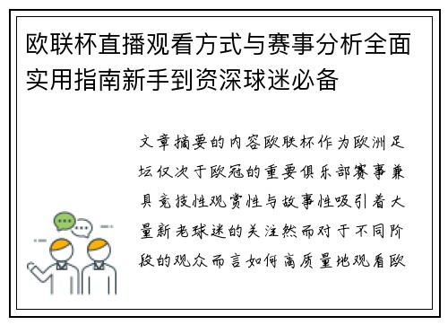 欧联杯直播观看方式与赛事分析全面实用指南新手到资深球迷必备 欧联杯直播观看方式与赛事分析全面实用指南新手到资深球迷必备